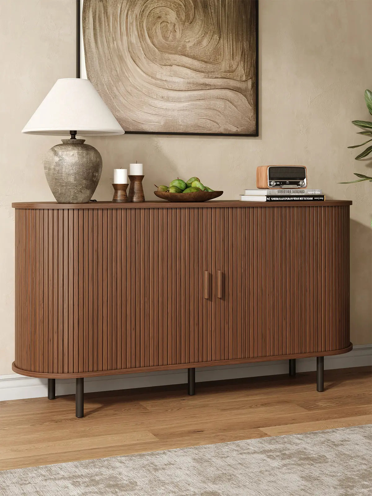Mid Century Modern Fluted Buffet Cabinet with Sliding Doors & Adjustable Shelf – Wooden Coffee Bar Storage Sideboard for Living Room, Kitchen & Entryway