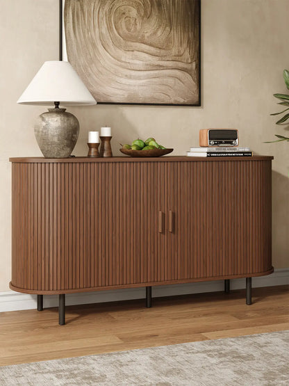 Mid Century Modern Fluted Buffet Cabinet with Sliding Doors & Adjustable Shelf – Wooden Coffee Bar Storage Sideboard for Living Room, Kitchen & Entryway