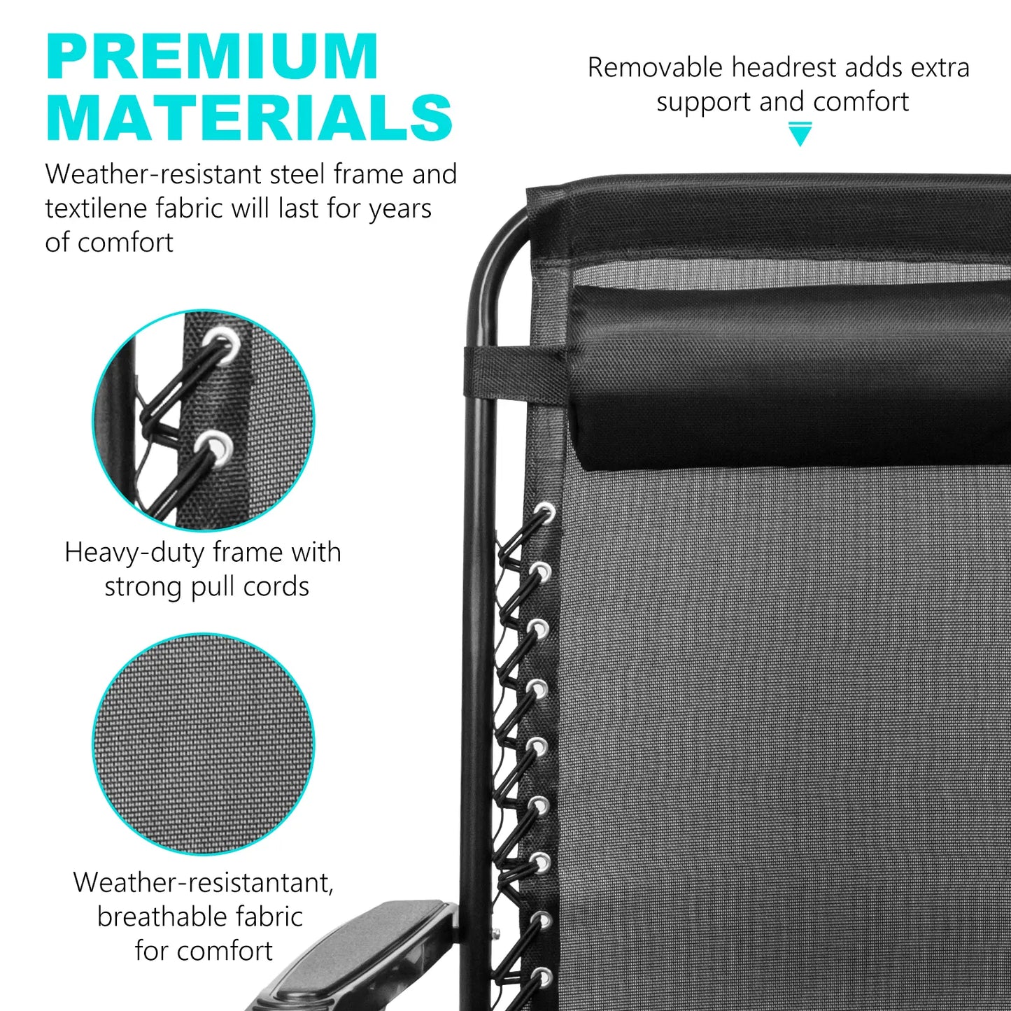 SZHLUX Set of 1 Adjustable Steel Mesh Zero Gravity Lounge Chair Recliners W/Pillows and Cup Holder Trays - Black