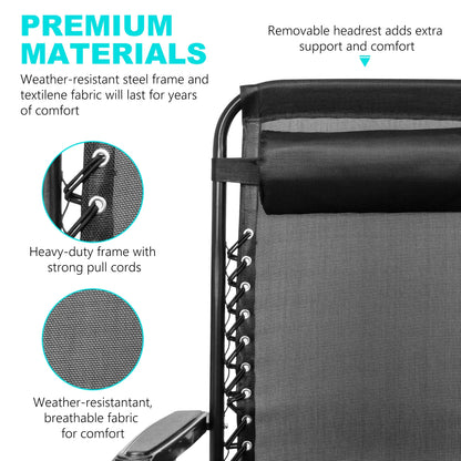 SZHLUX Set of 1 Adjustable Steel Mesh Zero Gravity Lounge Chair Recliners W/Pillows and Cup Holder Trays - Black