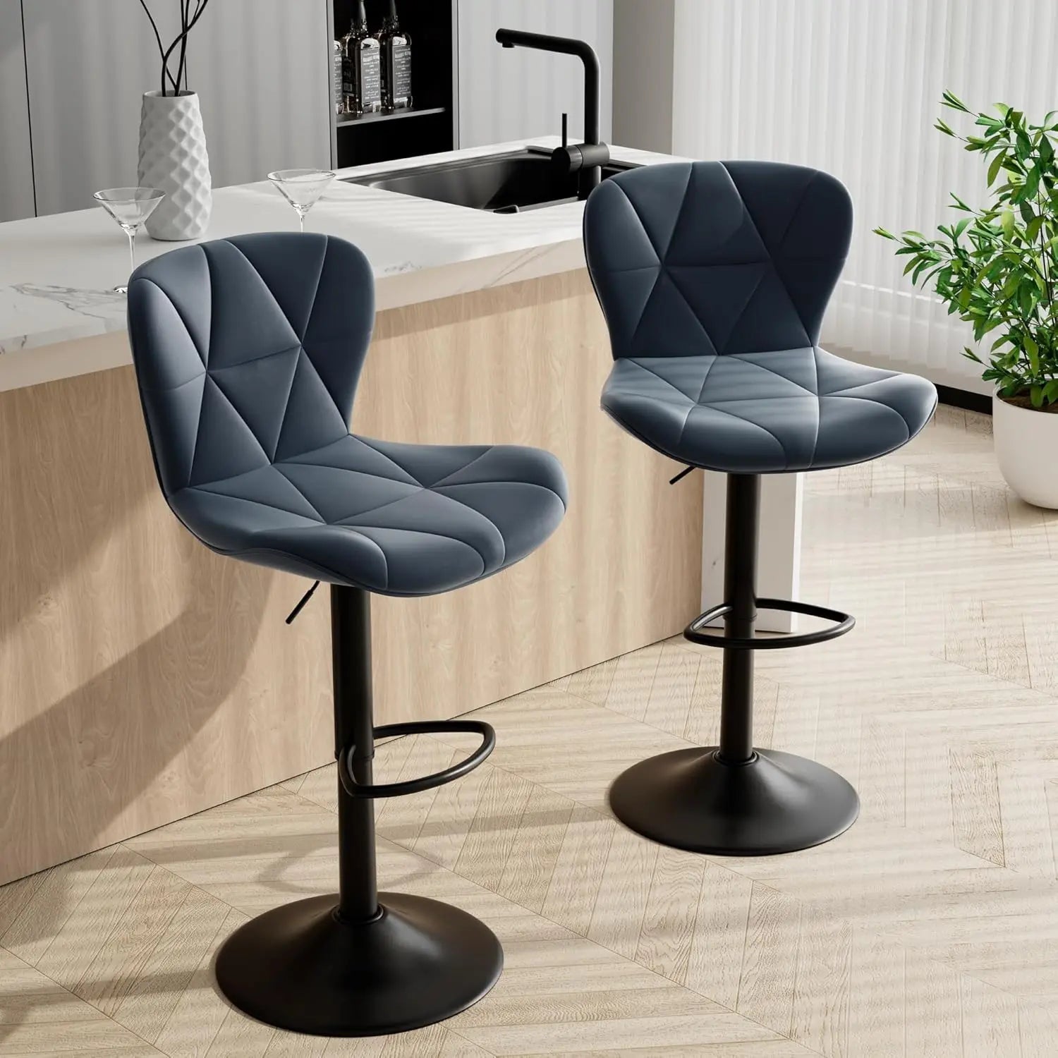 Set of 2 Adjustable Faux Leather Upholstered Swivel Barstools with Back for Kitchen Island, Modern Counter Height Design