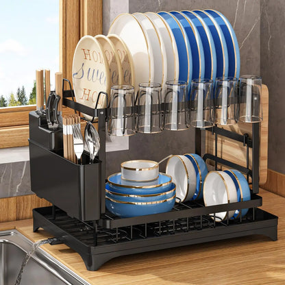 2-Tier Foldable Dish Drying Rack with Drainboard – Kitchen Dish Drainer & Tableware Storage Organizer