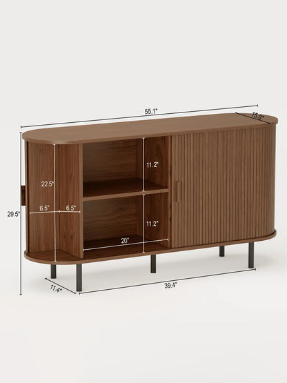 Mid Century Modern Fluted Buffet Cabinet with Sliding Doors & Adjustable Shelf – Wooden Coffee Bar Storage Sideboard for Living Room, Kitchen & Entryway