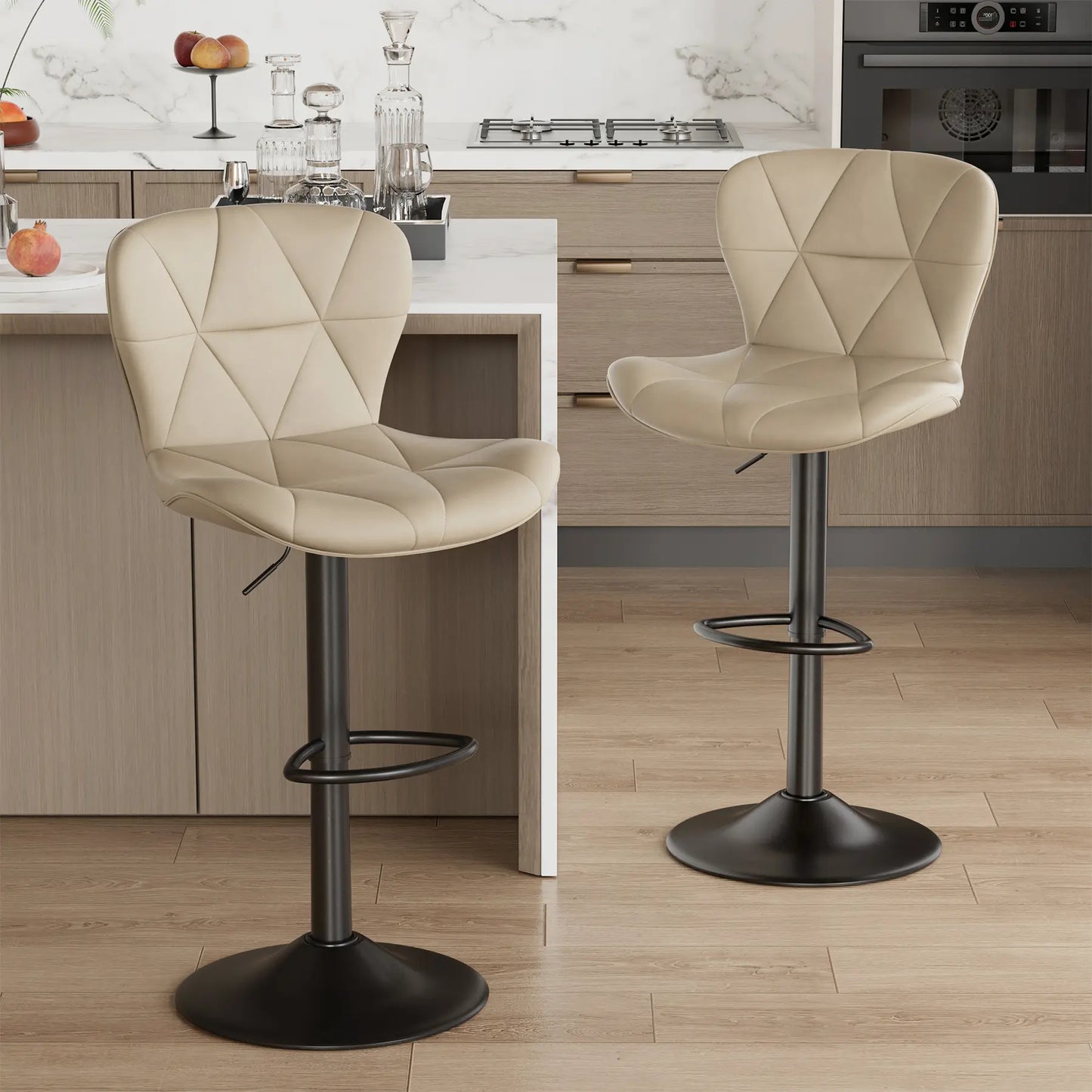 Set of 2 Adjustable Faux Leather Upholstered Swivel Barstools with Back for Kitchen Island, Modern Counter Height Design