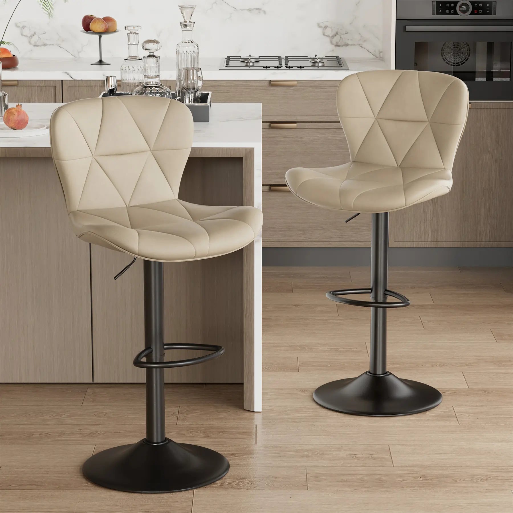 Set of 2 Adjustable Faux Leather Upholstered Swivel Barstools with Back for Kitchen Island, Modern Counter Height Design
