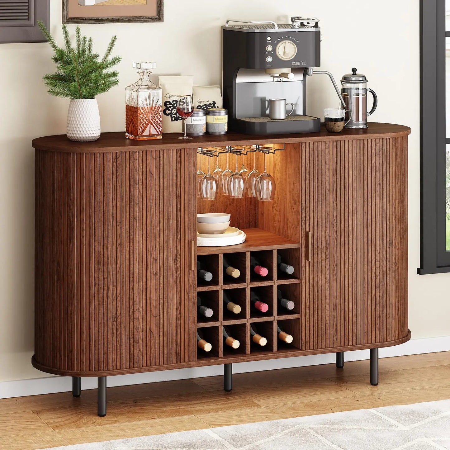 Mid Century Modern Fluted Buffet Cabinet with Sliding Doors & Adjustable Shelf – Wooden Coffee Bar Storage Sideboard for Living Room, Kitchen & Entryway