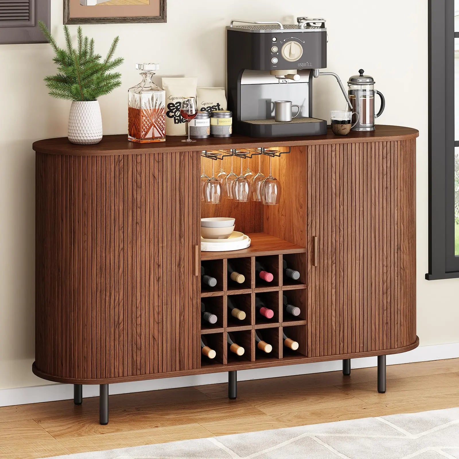 Mid Century Modern Fluted Buffet Cabinet with Sliding Doors & Adjustable Shelf – Wooden Coffee Bar Storage Sideboard for Living Room, Kitchen & Entryway