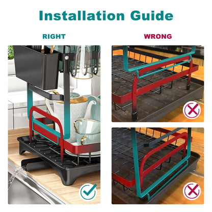 2-Tier Foldable Dish Drying Rack with Drainboard – Kitchen Dish Drainer & Tableware Storage Organizer