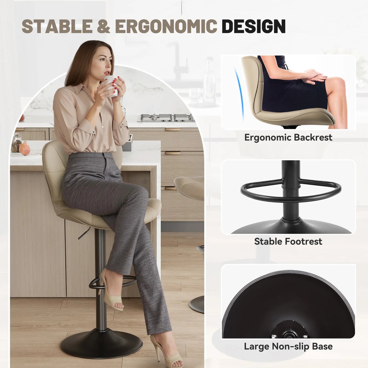 Set of 2 Adjustable Faux Leather Upholstered Swivel Barstools with Back for Kitchen Island, Modern Counter Height Design