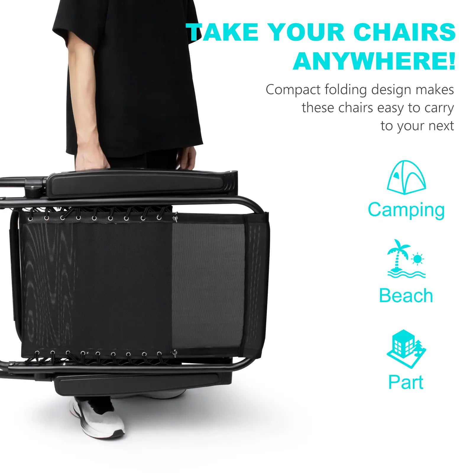SZHLUX Set of 1 Adjustable Steel Mesh Zero Gravity Lounge Chair Recliners W/Pillows and Cup Holder Trays - Black