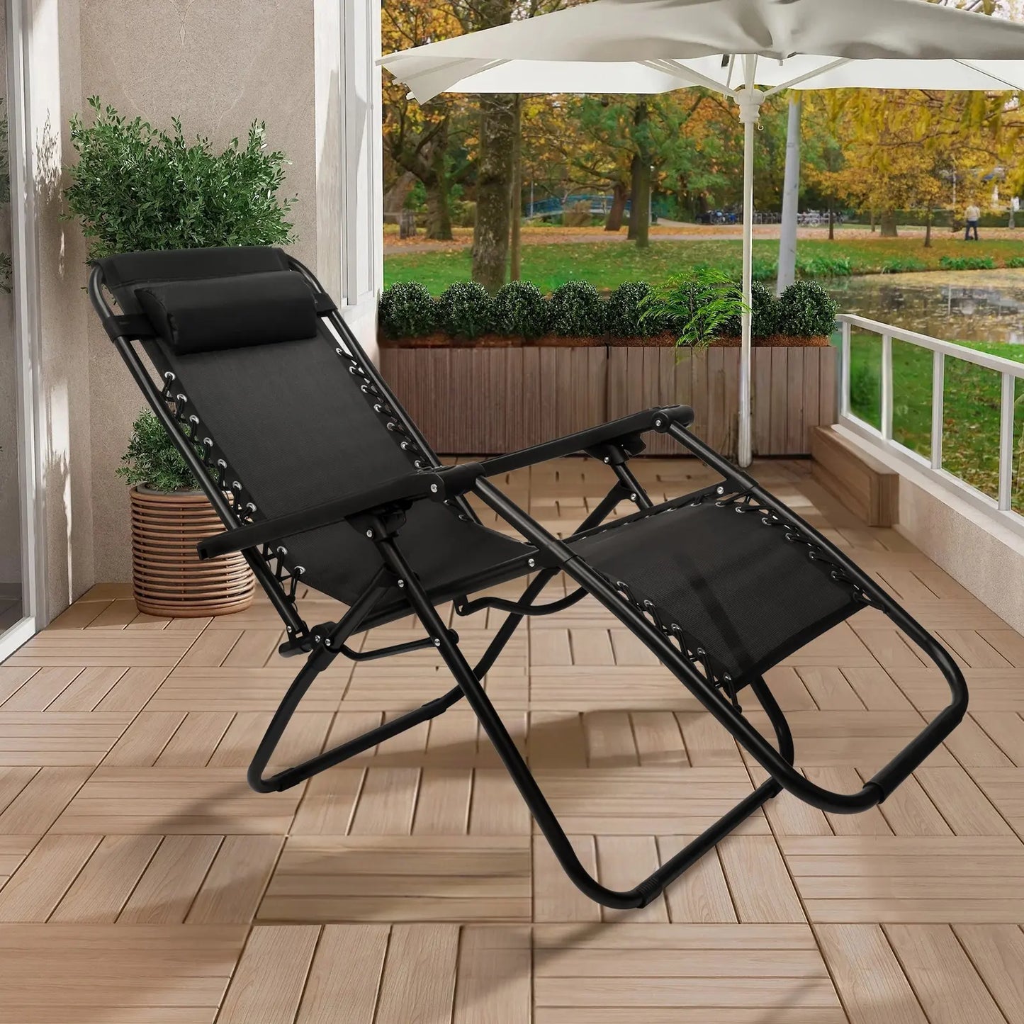 SZHLUX Set of 1 Adjustable Steel Mesh Zero Gravity Lounge Chair Recliners W/Pillows and Cup Holder Trays - Black