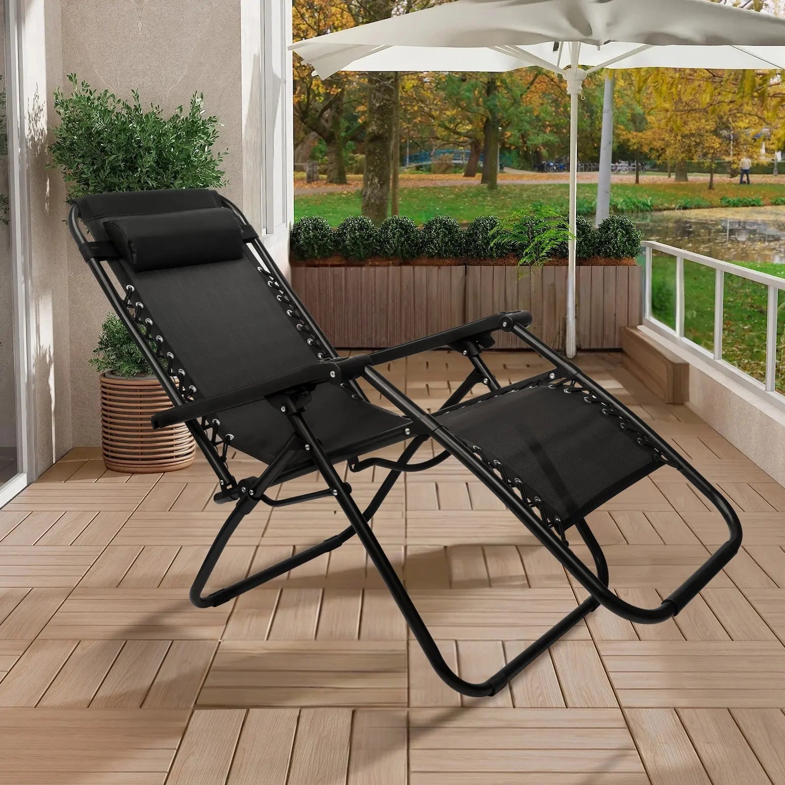 SZHLUX Set of 1 Adjustable Steel Mesh Zero Gravity Lounge Chair Recliners W/Pillows and Cup Holder Trays - Black