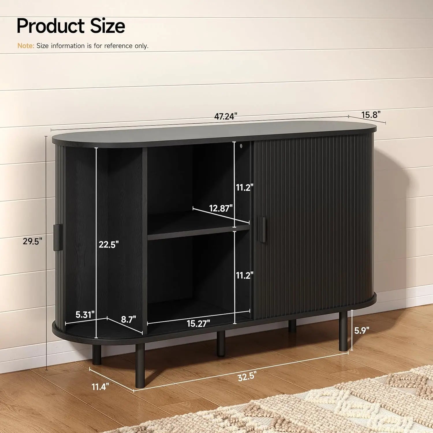 Mid Century Modern Fluted Buffet Cabinet with Sliding Doors & Adjustable Shelf – Wooden Coffee Bar Storage Sideboard for Living Room, Kitchen & Entryway