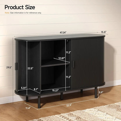 Mid Century Modern Fluted Buffet Cabinet with Sliding Doors & Adjustable Shelf – Wooden Coffee Bar Storage Sideboard for Living Room, Kitchen & Entryway