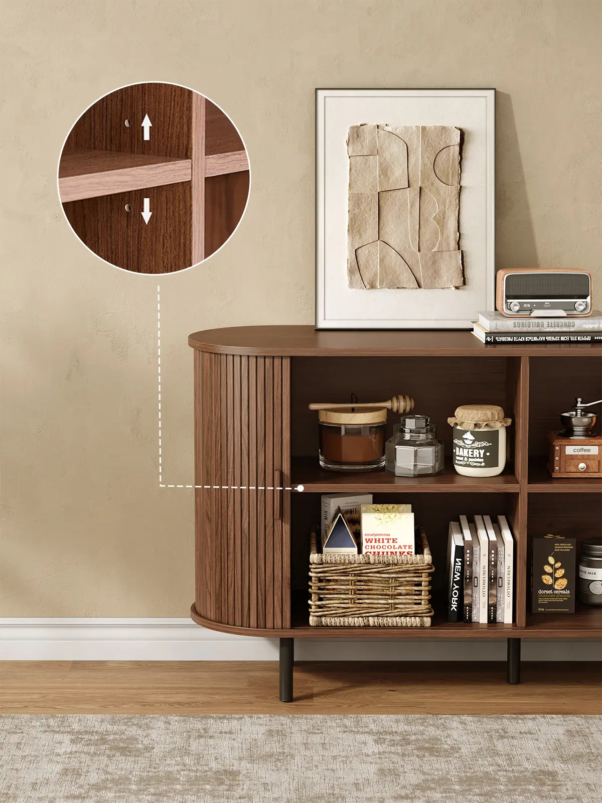 Mid Century Modern Fluted Buffet Cabinet with Sliding Doors & Adjustable Shelf – Wooden Coffee Bar Storage Sideboard for Living Room, Kitchen & Entryway