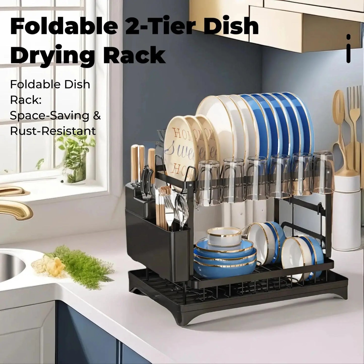 2-Tier Foldable Dish Drying Rack with Drainboard – Kitchen Dish Drainer & Tableware Storage Organizer