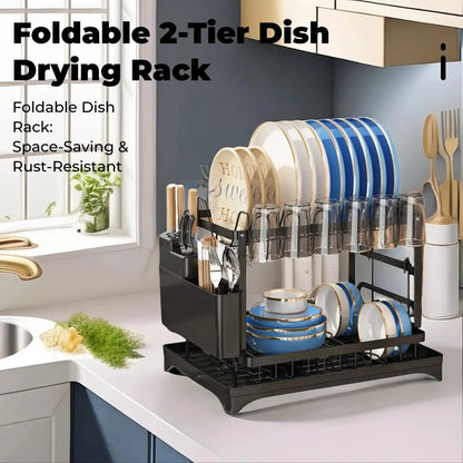 2-Tier Foldable Dish Drying Rack with Drainboard – Kitchen Dish Drainer & Tableware Storage Organizer