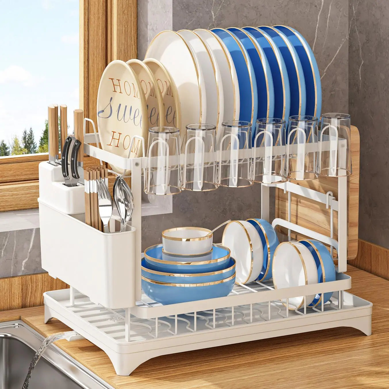 2-Tier Foldable Dish Drying Rack with Drainboard – Kitchen Dish Drainer & Tableware Storage Organizer