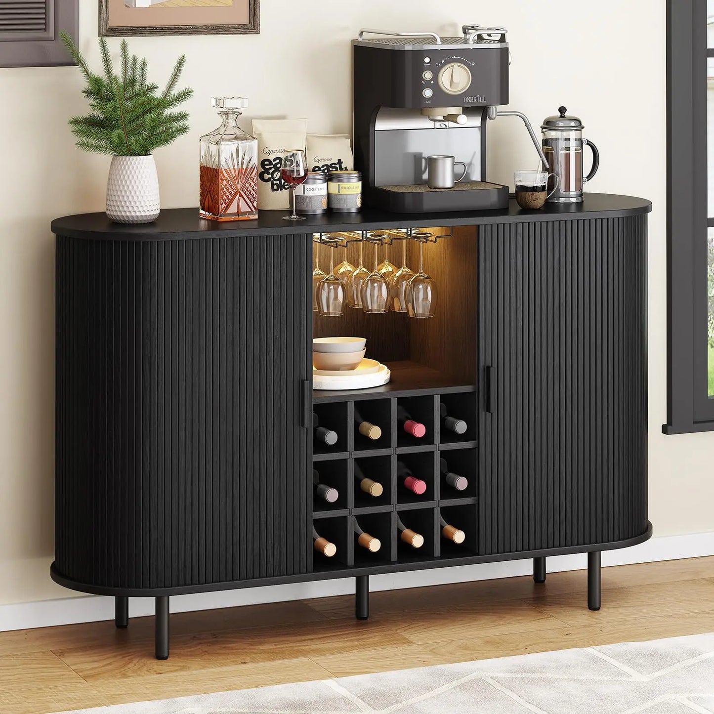 Mid Century Modern Fluted Buffet Cabinet with Sliding Doors & Adjustable Shelf – Wooden Coffee Bar Storage Sideboard for Living Room, Kitchen & Entryway