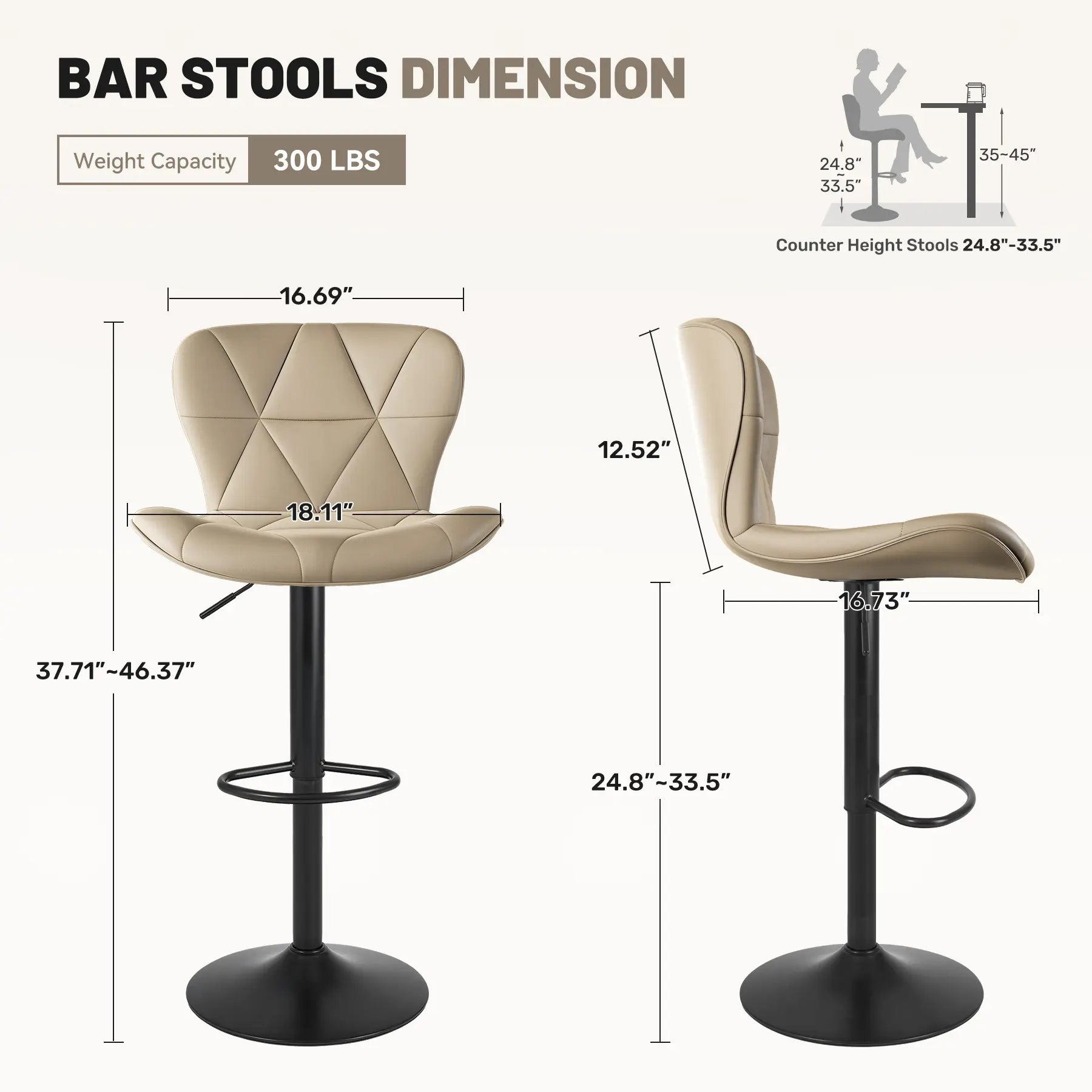 Set of 2 Adjustable Faux Leather Upholstered Swivel Barstools with Back for Kitchen Island, Modern Counter Height Design