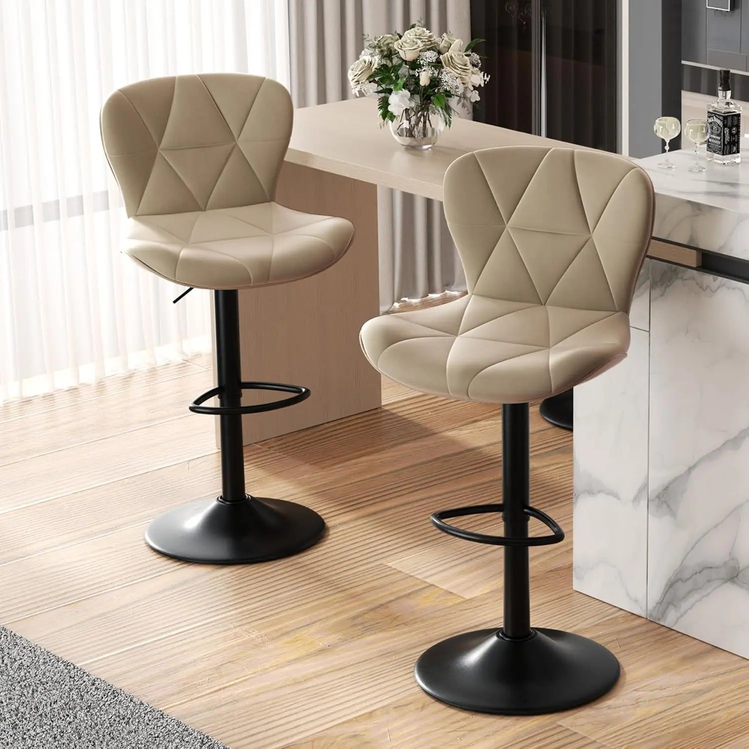 Set of 2 Adjustable Faux Leather Upholstered Swivel Barstools with Back for Kitchen Island, Modern Counter Height Design