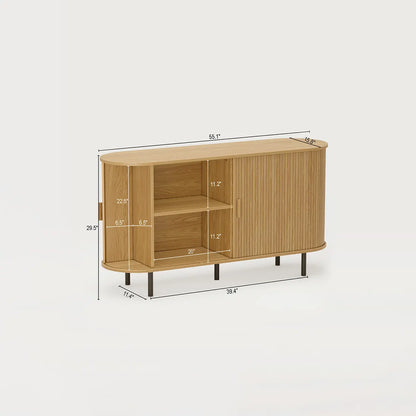 Mid Century Modern Fluted Buffet Cabinet with Sliding Doors & Adjustable Shelf – Wooden Coffee Bar Storage Sideboard for Living Room, Kitchen & Entryway