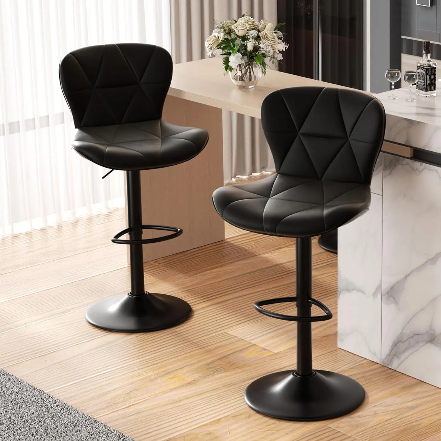 Set of 2 Adjustable Faux Leather Upholstered Swivel Barstools with Back for Kitchen Island, Modern Counter Height Design