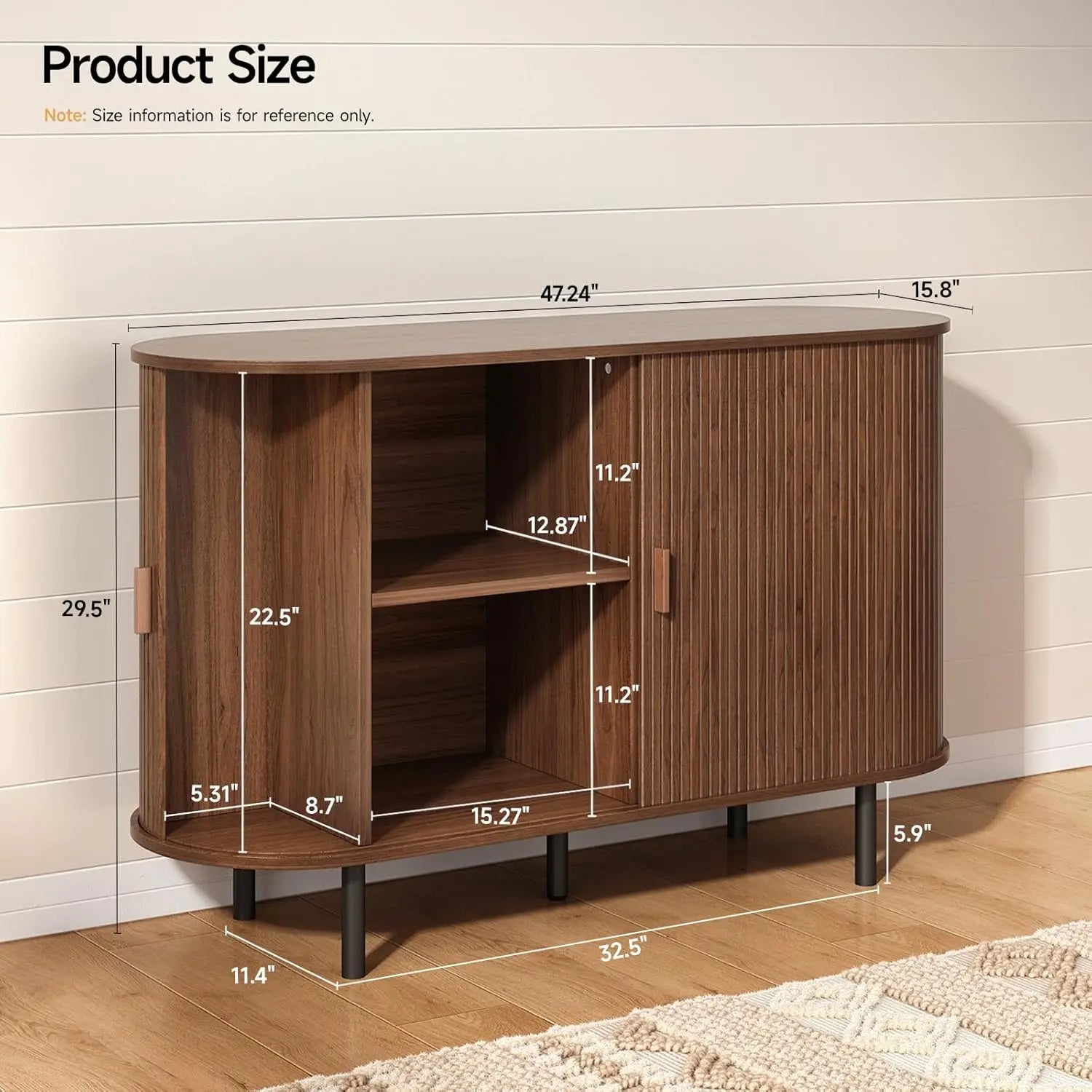 Mid Century Modern Fluted Buffet Cabinet with Sliding Doors & Adjustable Shelf – Wooden Coffee Bar Storage Sideboard for Living Room, Kitchen & Entryway