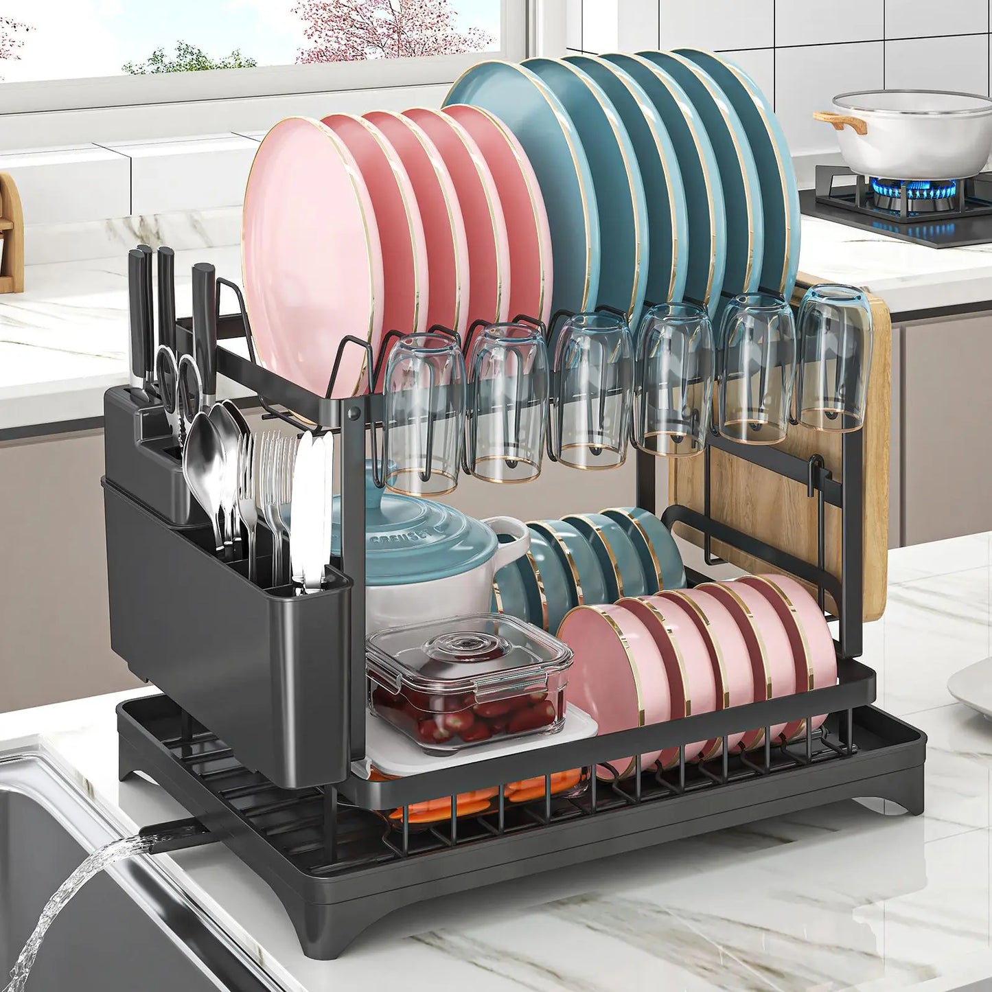 2-Tier Foldable Dish Drying Rack with Drainboard – Kitchen Dish Drainer & Tableware Storage Organizer