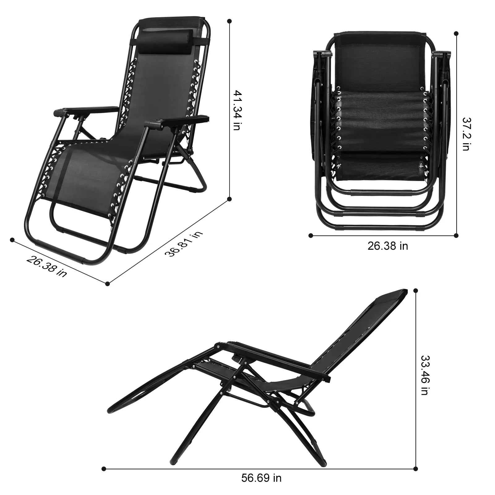 SZHLUX Set of 1 Adjustable Steel Mesh Zero Gravity Lounge Chair Recliners W/Pillows and Cup Holder Trays - Black