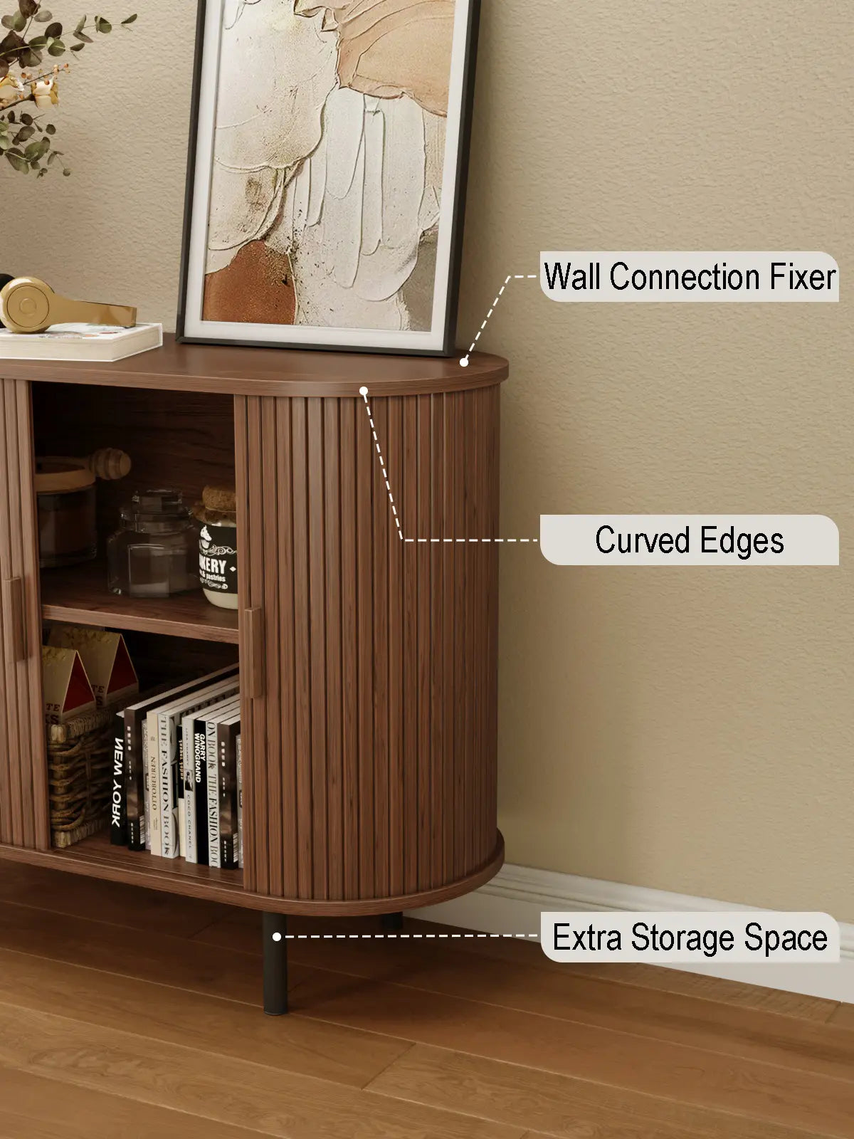 Mid Century Modern Fluted Buffet Cabinet with Sliding Doors & Adjustable Shelf – Wooden Coffee Bar Storage Sideboard for Living Room, Kitchen & Entryway