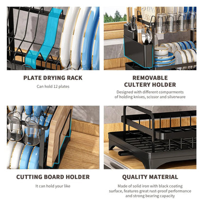 2-Tier Foldable Dish Drying Rack with Drainboard – Kitchen Dish Drainer & Tableware Storage Organizer