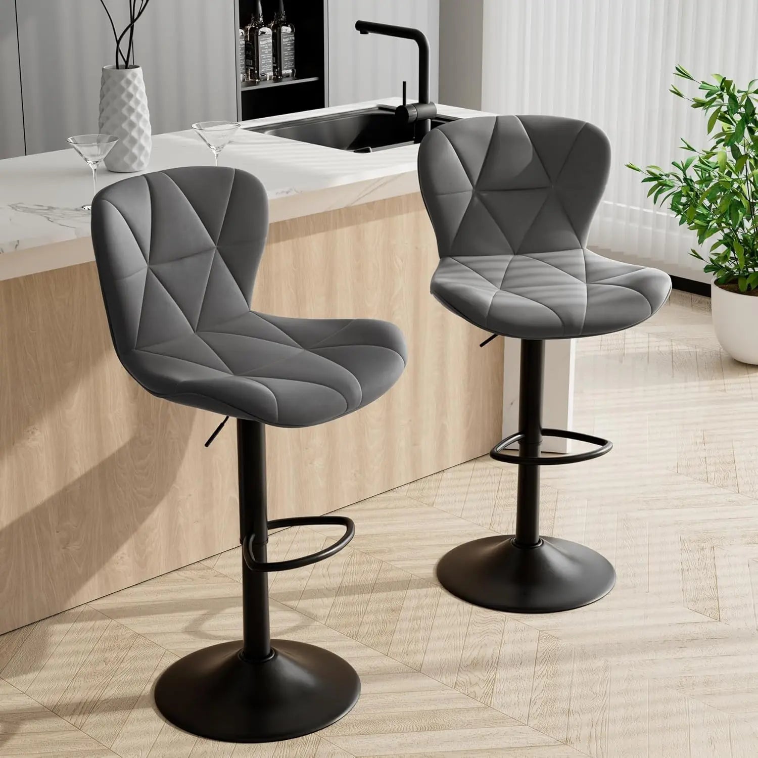 Set of 2 Adjustable Faux Leather Upholstered Swivel Barstools with Back for Kitchen Island, Modern Counter Height Design