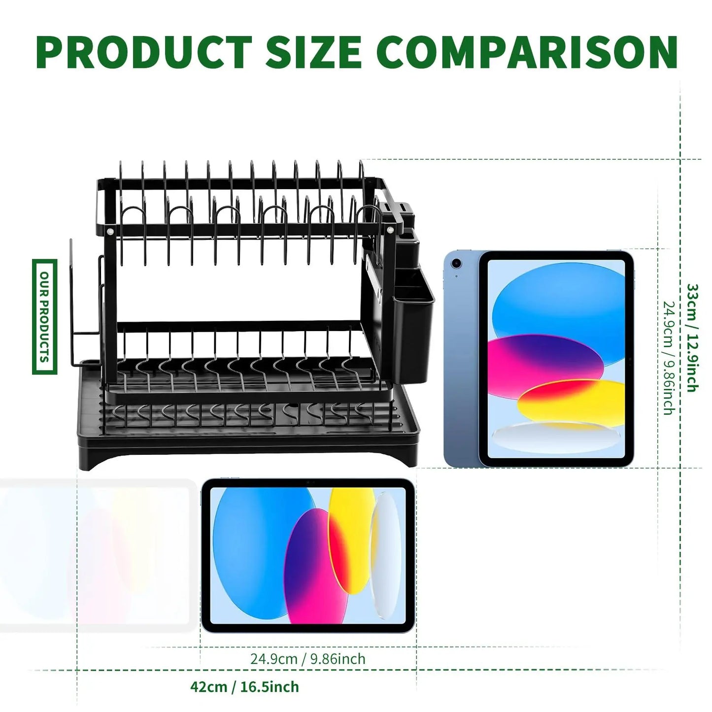 2-Tier Foldable Dish Drying Rack with Drainboard – Kitchen Dish Drainer & Tableware Storage Organizer