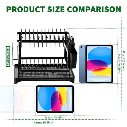2-Tier Foldable Dish Drying Rack with Drainboard – Kitchen Dish Drainer & Tableware Storage Organizer