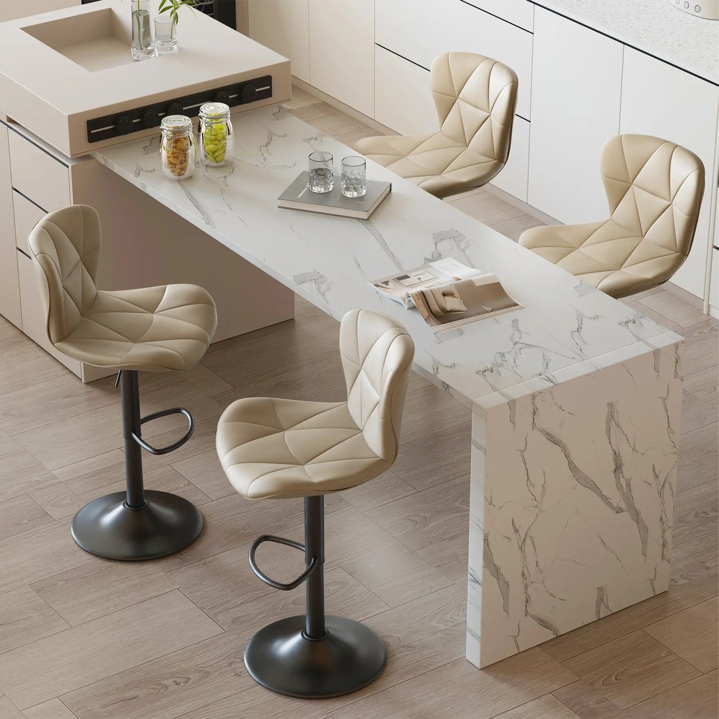 Set of 2 Adjustable Faux Leather Upholstered Swivel Barstools with Back for Kitchen Island, Modern Counter Height Design