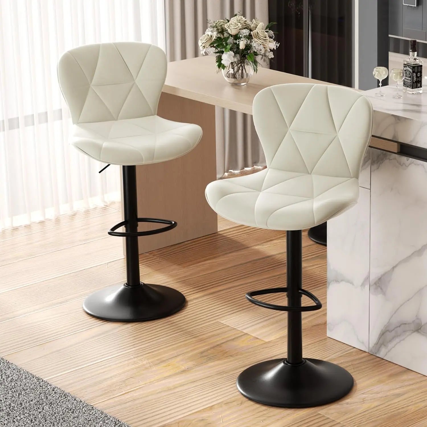 Set of 2 Adjustable Faux Leather Upholstered Swivel Barstools with Back for Kitchen Island, Modern Counter Height Design