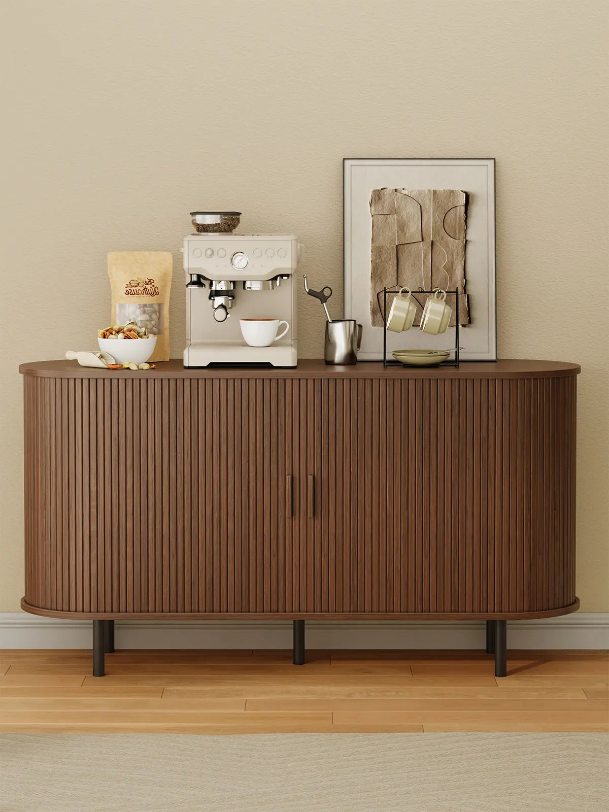 Mid Century Modern Fluted Buffet Cabinet with Sliding Doors & Adjustable Shelf – Wooden Coffee Bar Storage Sideboard for Living Room, Kitchen & Entryway
