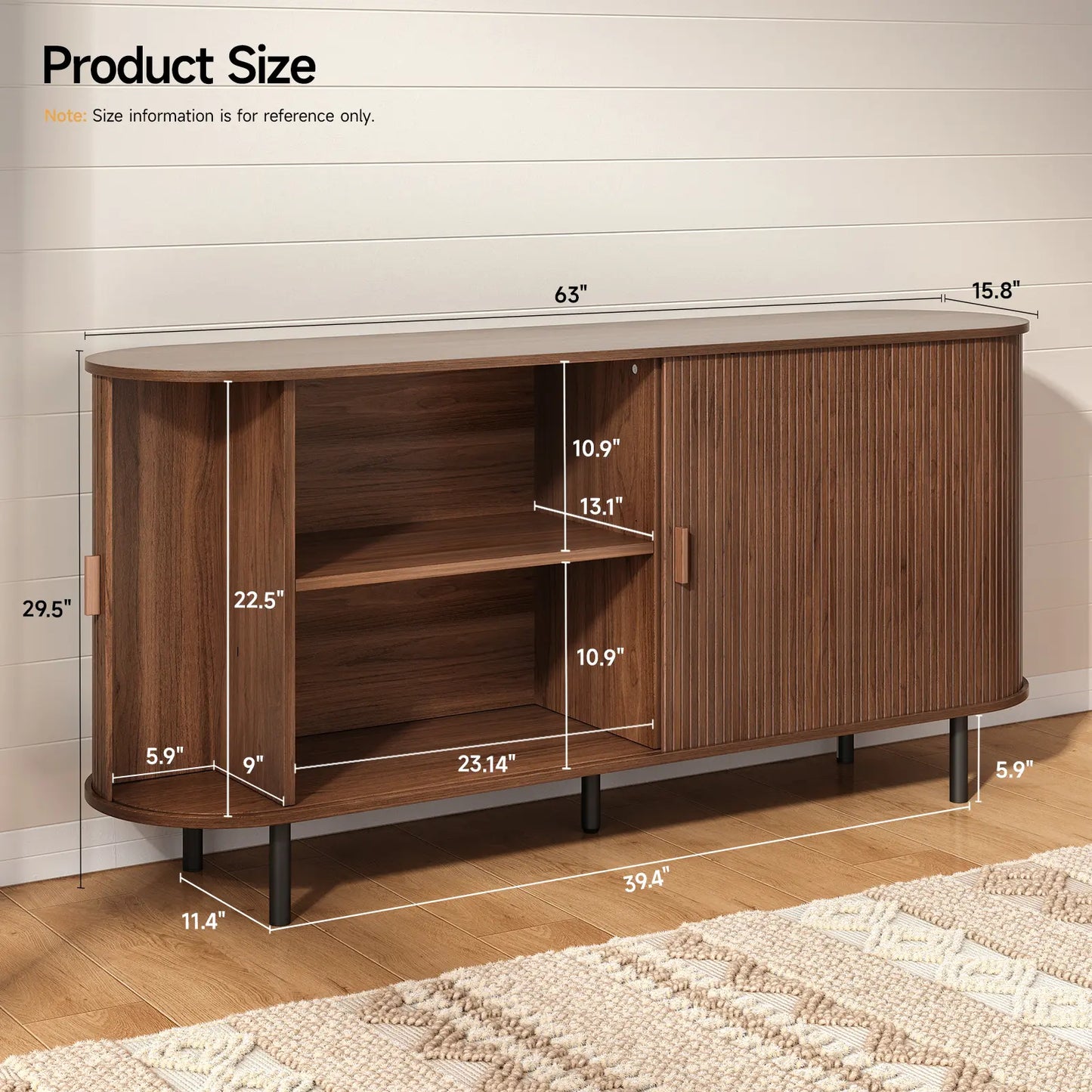 Mid Century Modern Fluted Buffet Cabinet with Sliding Doors & Adjustable Shelf – Wooden Coffee Bar Storage Sideboard for Living Room, Kitchen & Entryway