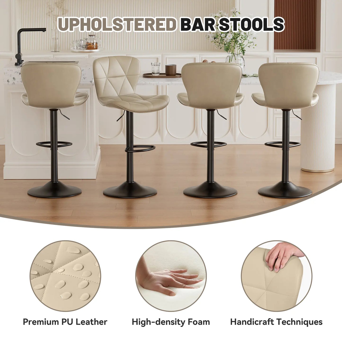 Set of 2 Adjustable Faux Leather Upholstered Swivel Barstools with Back for Kitchen Island, Modern Counter Height Design